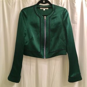 Diane Von Furstenberg, Green, Raw Silk, Cropped Jacket w/ Navy Piping - Size 6
